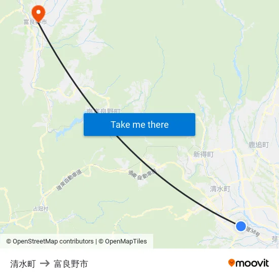 清水町 to 富良野市 map