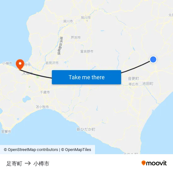 足寄町 to 小樽市 map