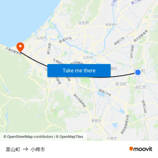 栗山町 to 小樽市 map