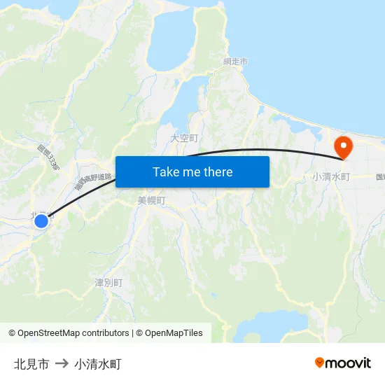 北見市 to 小清水町 map