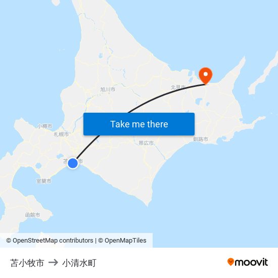 苫小牧市 to 小清水町 map