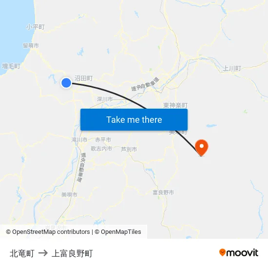 北竜町 to 上富良野町 map