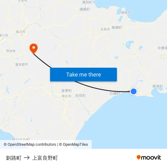 釧路町 to 上富良野町 map