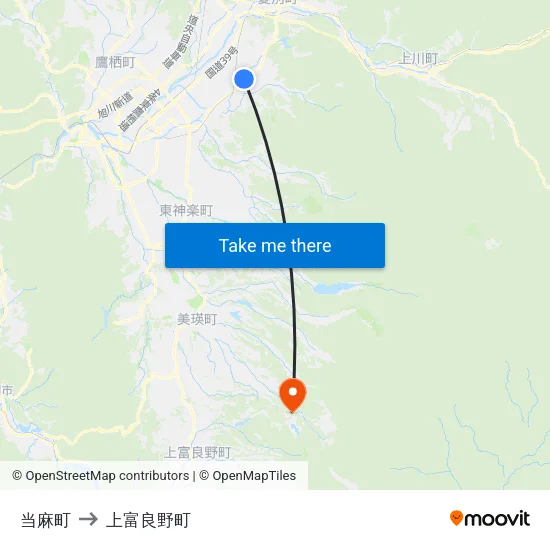 当麻町 to 上富良野町 map