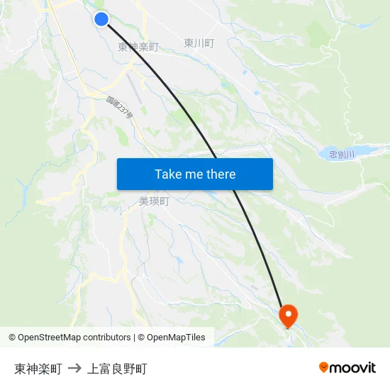 東神楽町 to 上富良野町 map
