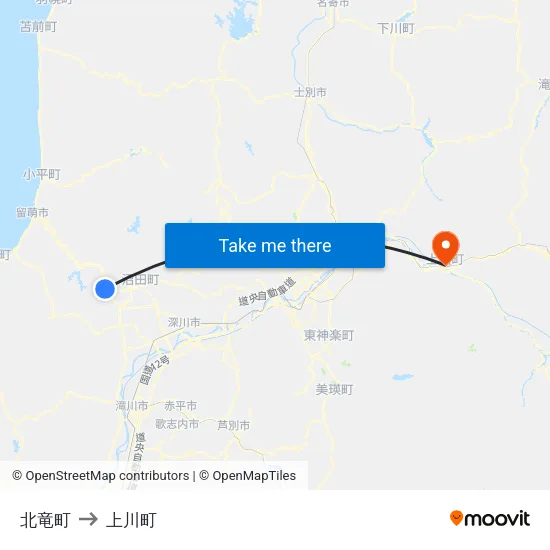 北竜町 to 上川町 map