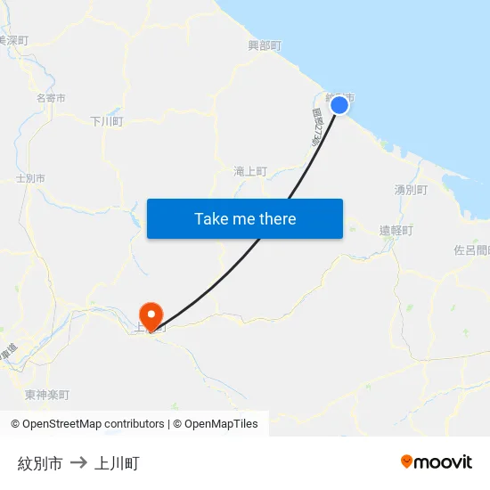 紋別市 to 上川町 map