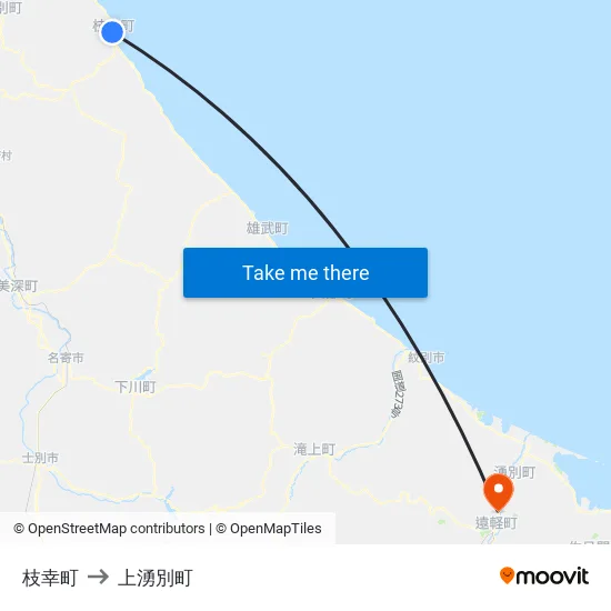 枝幸町 to 上湧別町 map