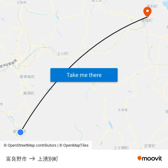 富良野市 to 上湧別町 map