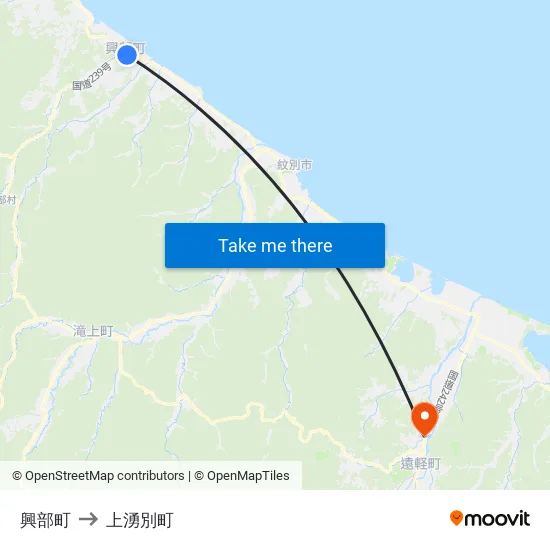 興部町 to 上湧別町 map