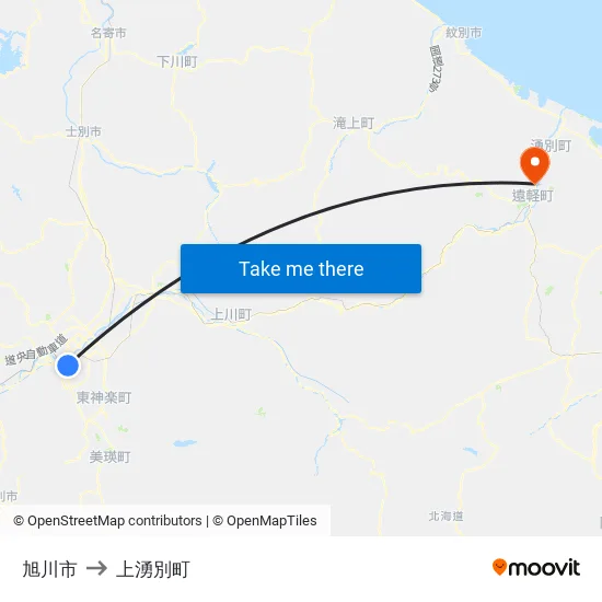 旭川市 to 上湧別町 map