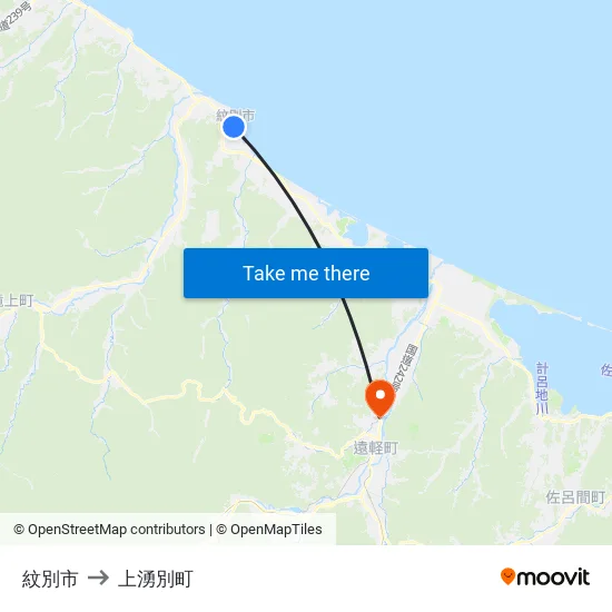 紋別市 to 上湧別町 map