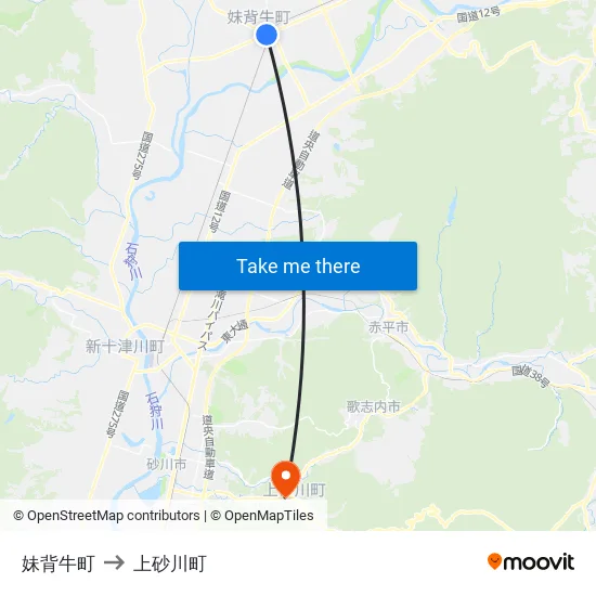 妹背牛町 to 上砂川町 map