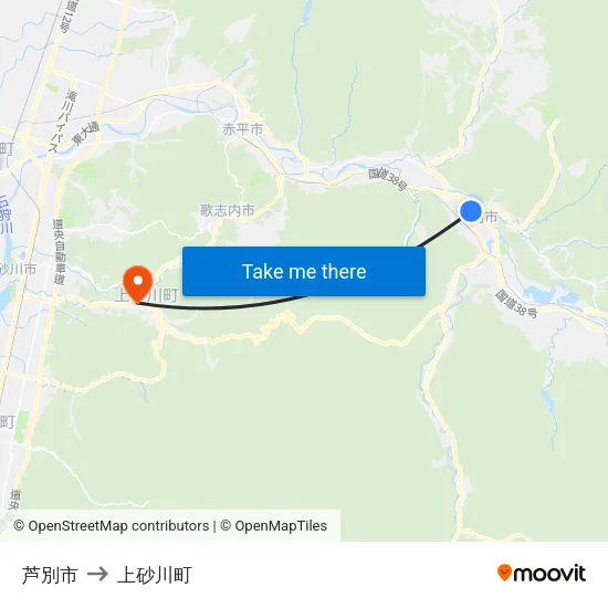 芦別市 to 上砂川町 map