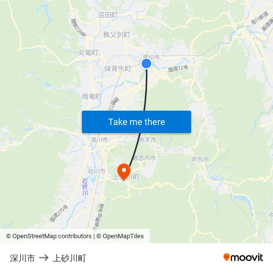 深川市 to 上砂川町 map