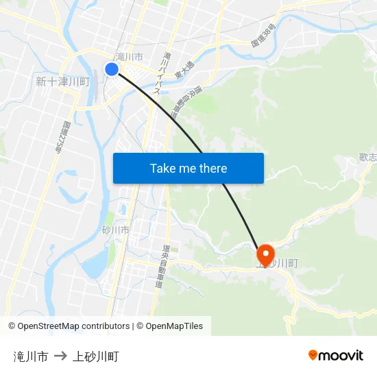 滝川市 to 上砂川町 map