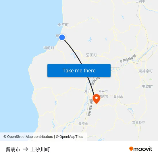 留萌市 to 上砂川町 map