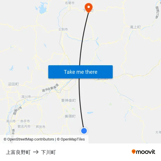 上富良野町 to 下川町 map