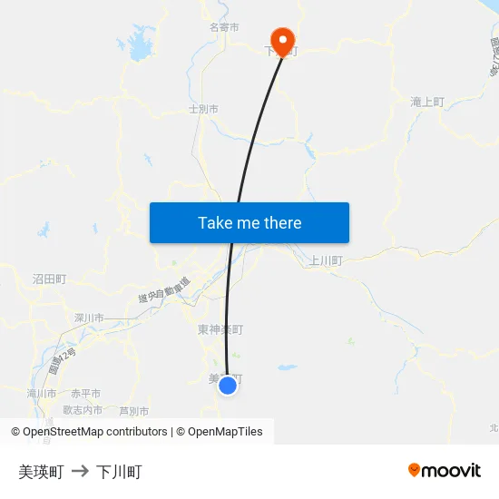 美瑛町 to 下川町 map