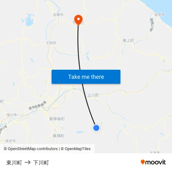 東川町 to 下川町 map