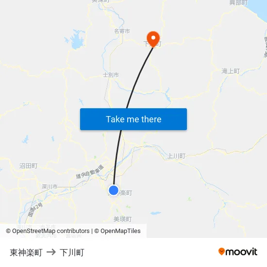 東神楽町 to 下川町 map