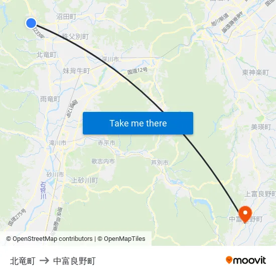 北竜町 to 中富良野町 map