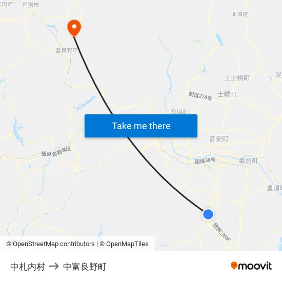 中札内村 to 中富良野町 map