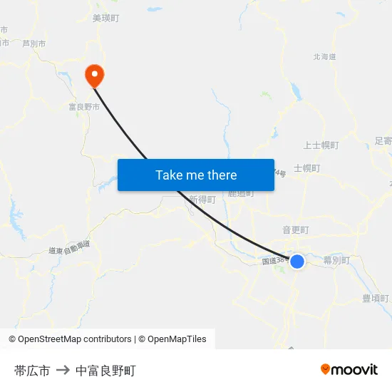 帯広市 to 中富良野町 map