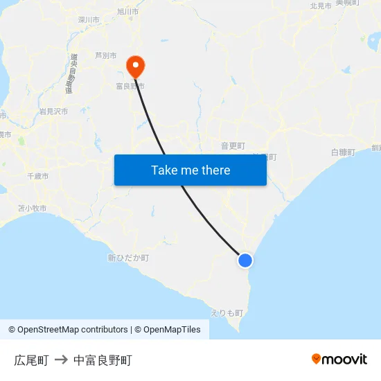 広尾町 to 中富良野町 map