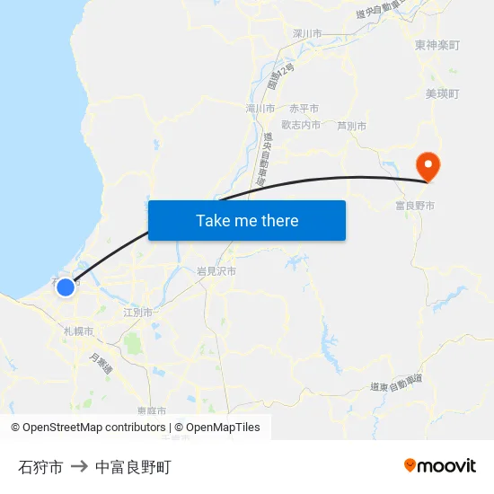 石狩市 to 中富良野町 map