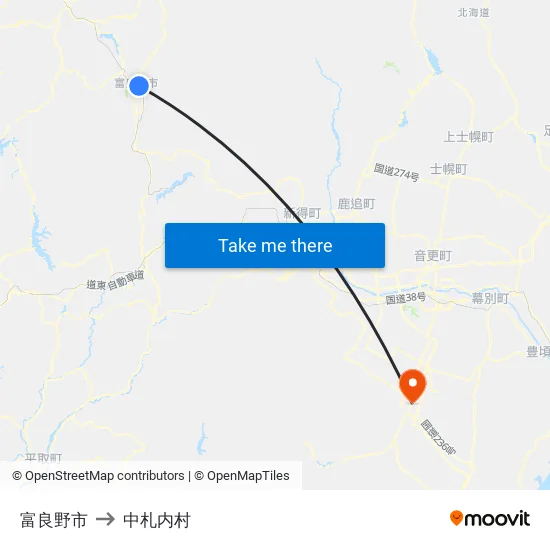 富良野市 to 中札内村 map