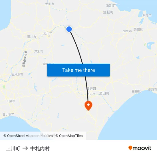 上川町 to 中札内村 map