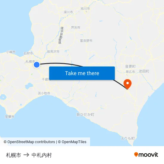札幌市 to 中札内村 map