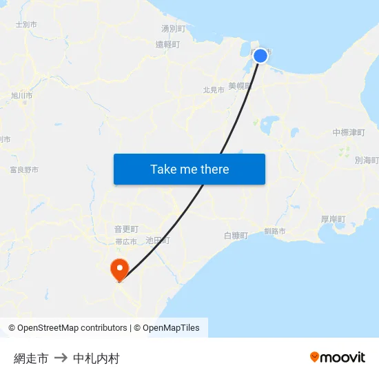 網走市 to 中札内村 map