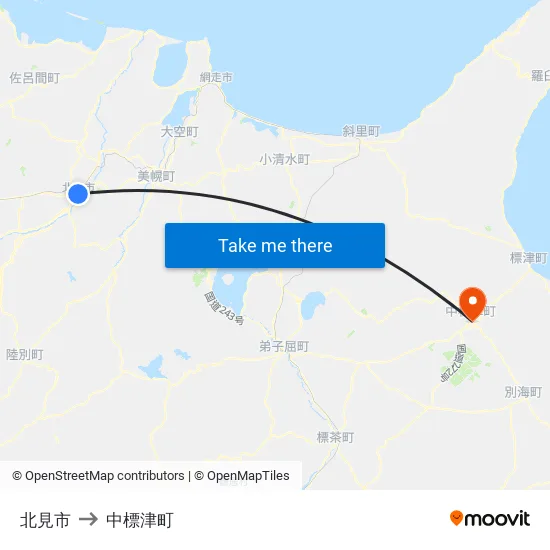 北見市 to 中標津町 map