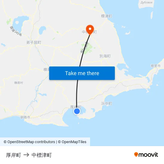 厚岸町 to 中標津町 map