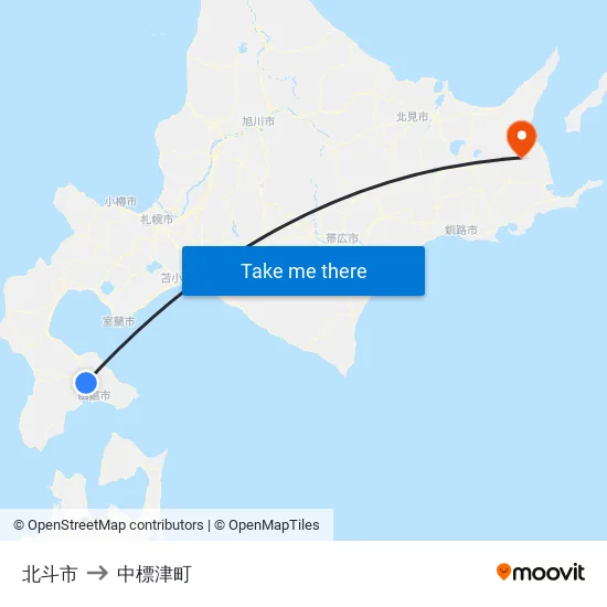 北斗市 to 中標津町 map