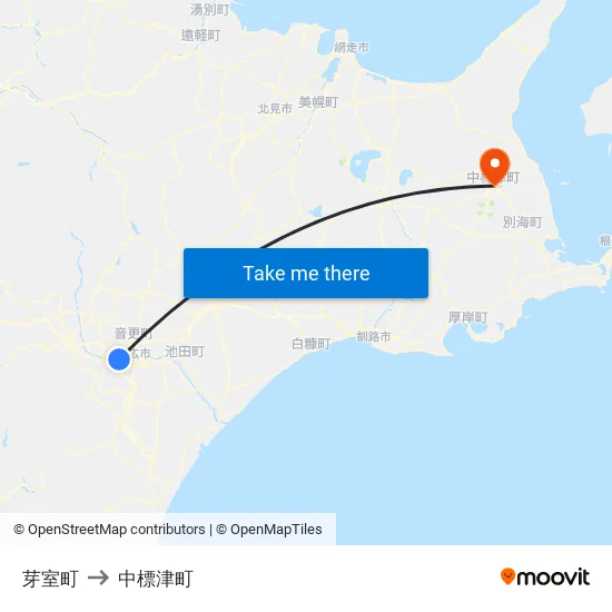 芽室町 to 中標津町 map