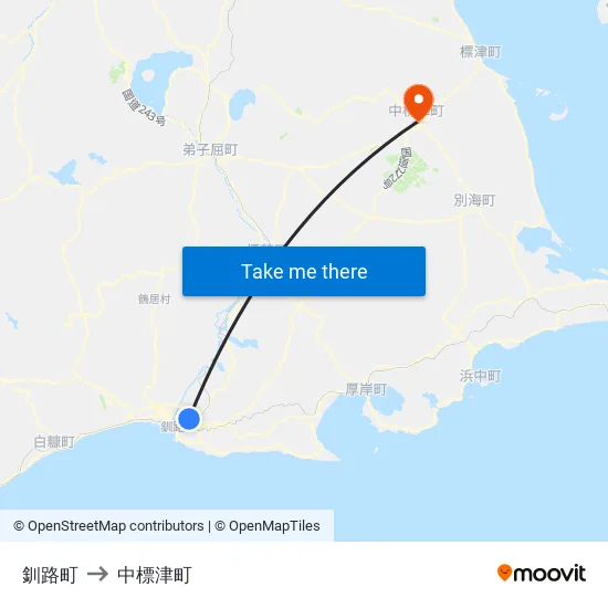 釧路町 to 中標津町 map