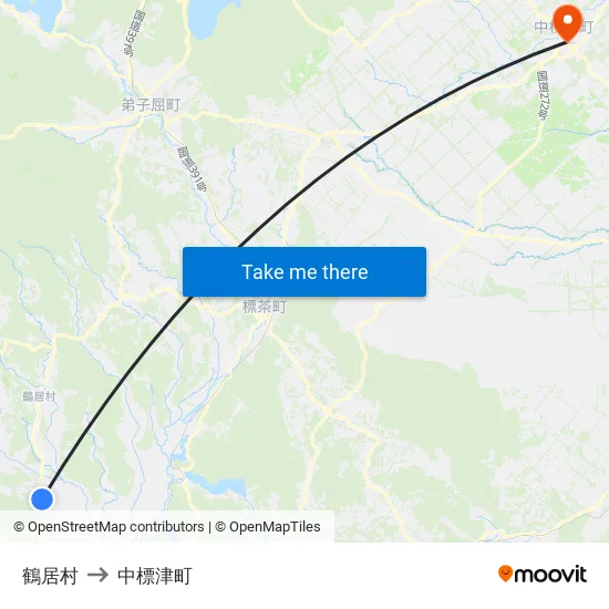 鶴居村 to 中標津町 map