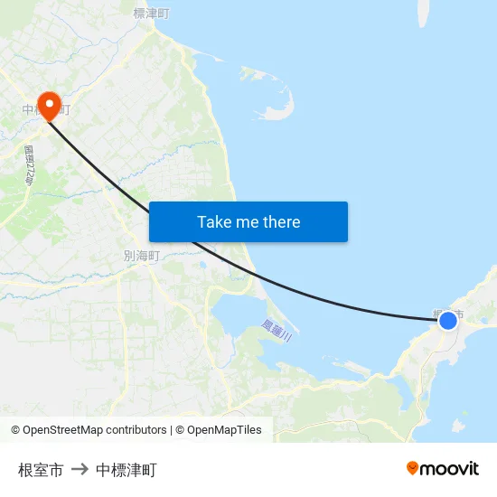 根室市 to 中標津町 map