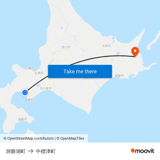 洞爺湖町 to 中標津町 map