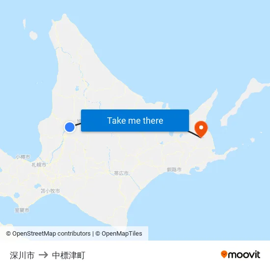 深川市 to 中標津町 map