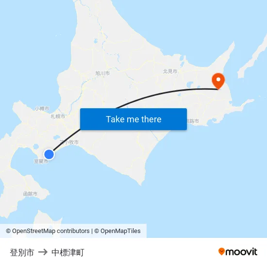 登別市 to 中標津町 map