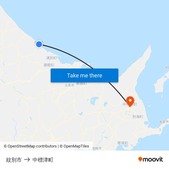 紋別市 to 中標津町 map