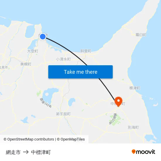 網走市 to 中標津町 map