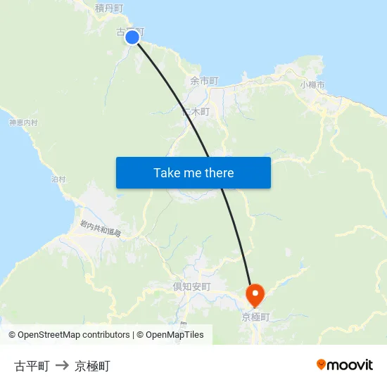 古平町 to 京極町 map