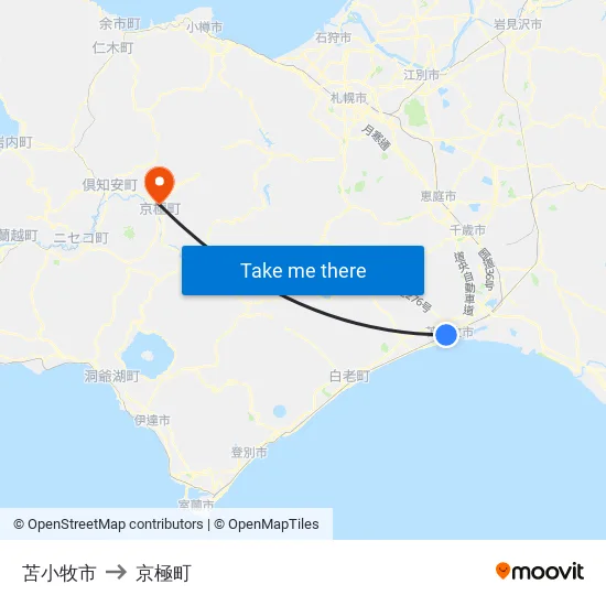 苫小牧市 to 京極町 map