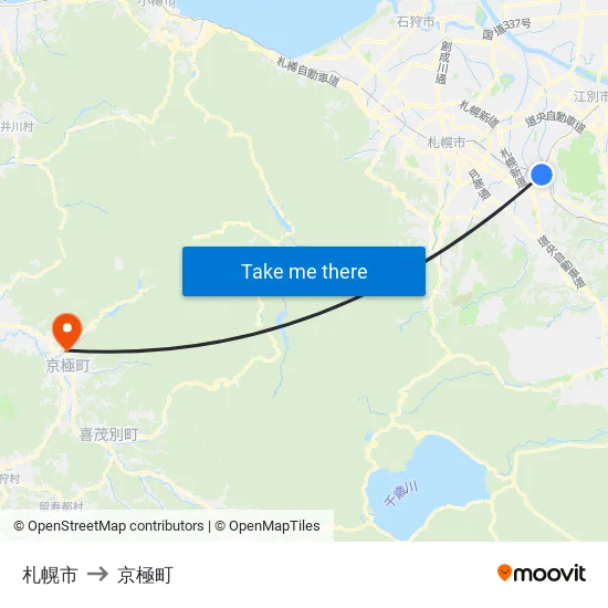 札幌市 to 京極町 map