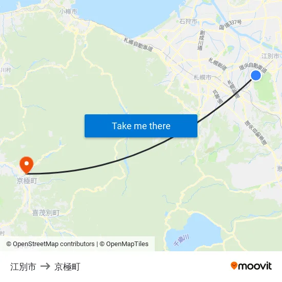 江別市 to 京極町 map